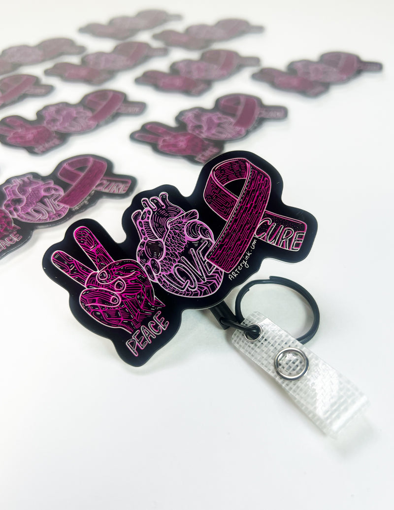 "Peace, Love, Cure" Badge Reel - Pink